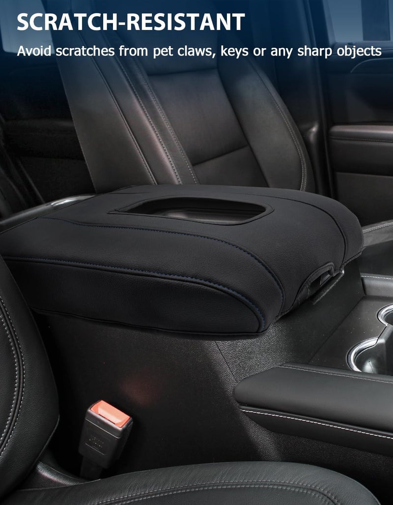 Eaglecover Center Console Armrest Cover for Chevy Silverado 1500 Accessories & GMC Sierra 2019-2026, Yukon & Tahoe & Suburban 2021-2026, Bucket Seat, PU Leather Middle Console Lid Cover Pad, Black-Blue Stitch - Image 4